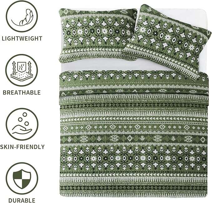 BEDIFANY Quilts Queen Size, Reversible Lightweight Bedspread with Boho Geometry Printed, Bed Spread Coverlet Sets for Bed Decoration, All-Season Queen Quilt Bedding Set (90 * 98 in), 3 Pieces - Green