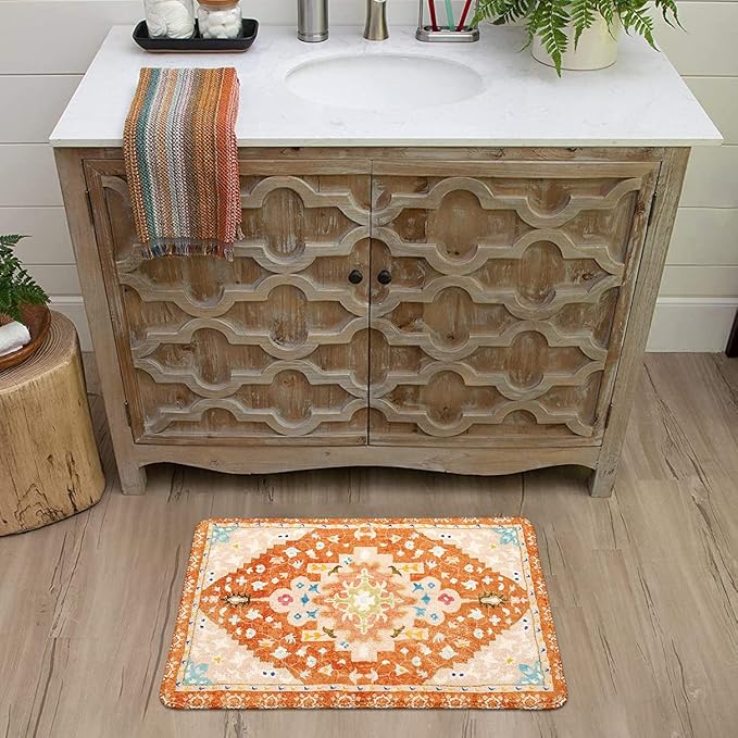Uphome Boho Tribal Bathroom Rugs Orange Cute Floral Bath Mat Non-Slip Machine Washable Small Rug Soft Oriental Bath Mats for Bathroom Decor for Sink Shower Doormat Tub, 18x25 inch