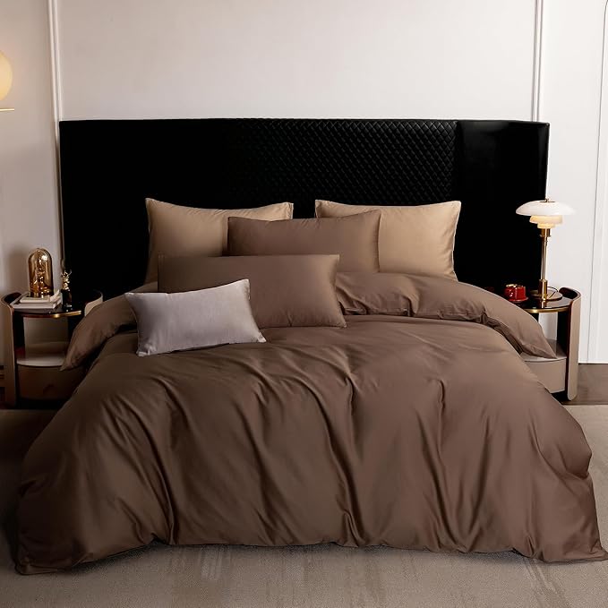 MooMee Duvet Cover Set 100% Extra Long Staple Cotton 600 Thread Count Silky Sateen Smooth Luxury Soft Breathable Durable Hotel Quality Bedding, 3 Pieces (Chocolate Brown,California King 104"x98")