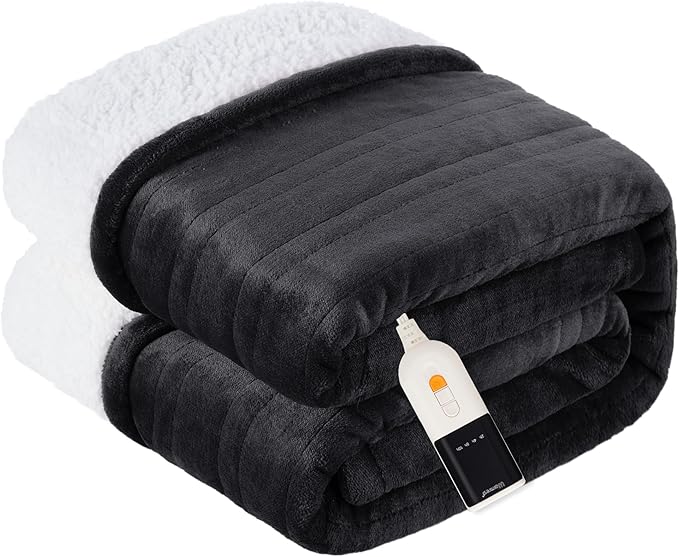 Heated Blanket Electric Blanket Twin Size Soft Flannel Sherpa, 6 Heat Levels Fast Heating, 2 to 10 Hours Auto-Off Detachable Controller Machine Washable, Grey 62"x84"
