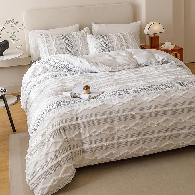 Cottonight White Black Boho Comforter Set Twin Farmhouse Tufted Bedding Set Soft Bohemain Shabby Chic Blanket Quilts Embroidery Rustic Luxury Soft 3PCS Bed Set for Women Men