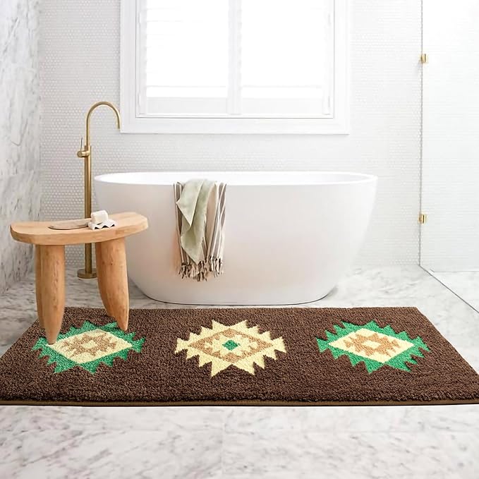 DEXDE Boho Bathroom Rug Runner 24x60 Long Bath Mat for Bathroom Bedroom Hallway Kitchen Luxury Soft Absorbent Large Modern Geometric Carpet Runner Western Farmhouse Decor, Brown