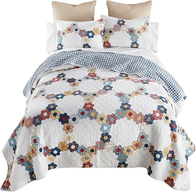 Donna Sharp Prairie Cotton Quilted Bedding Set - 3-Piece Queen Size Cotton Quilt Set - Includes 1 Floral Garden Hexagon Quilt and 2 Pillow Shams - Machine Washable