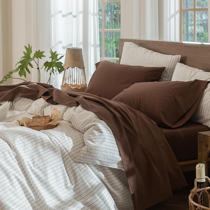 MooMee Bedding Sheet Set 100% Washed Cotton Linen Like Textured Breathable Durable Soft Comfy (Solid Cocoa Brown, Queen)