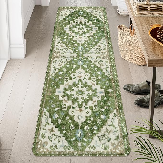 Uphome Vintage Bathroom Runner Rug Sage Green Boho Non-Slip Kitchen Runner Oriental Soft Machine Washable Hallway Rug Tribal Floral Aesthetic Shower Mat for Bedroom Entryway Kids Room, 24x71 inch