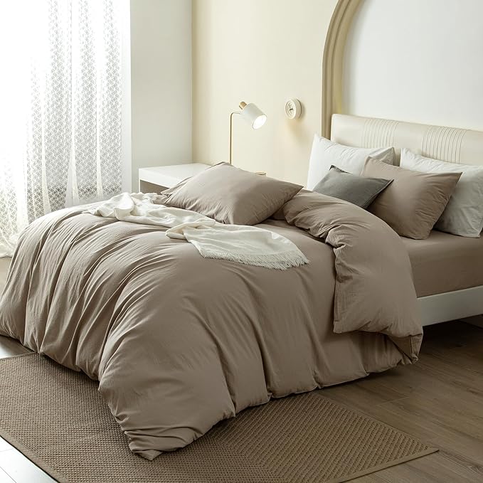 JIYUAN 100% Washed Cotton Duvet Cover Set 3 Pieces Cal King, 1 Duvet Cover 104x98 Inches(Comforter Not Included) and 2 Pillowcases,Linen Feel Bedding Set Comfy and Breathable,Khaki