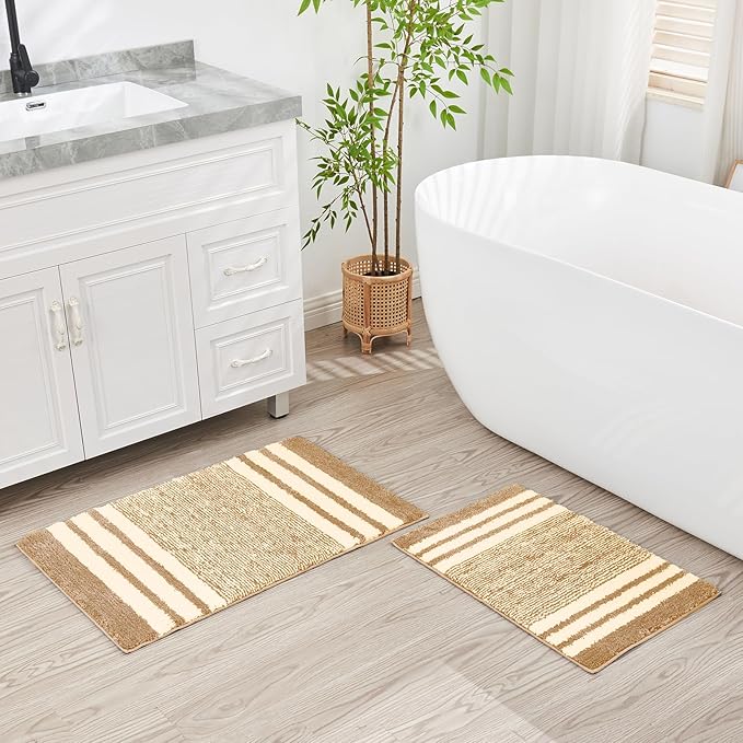 CozeCube Bath mats for Bathroom Non Slip, Fluffy Absorbent Microfiber Bath mat Washable, Aesthetic Bathroom Rugs, Small Beige Striped Bath mat, Beige, 24" x 16"