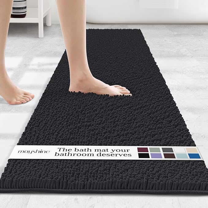 MAYSHINE Plush Shaggy Chenille Bath Mat | Extra Soft, Super Absorbent, Non-Slip Bathroom Rug | Fluffy Microfiber, Area Rug Sets for Bathroom Floor, Kitchen, Living Room | 71"x31" | Black