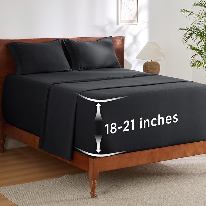 Bedsure Deep Pocket Full Size Bed Sheets Set - Fits Mattresses Up to 21 Inches Thick - 4 Piece GentleSoft Bed Sheets, Moisture Wicking, Soft & Cooling Bedsheet & Pillowcases, Easy & Secure Fit, Black
