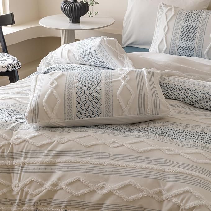 Cottonight White Blue Boho Comforter Set King Farmhouse Tufted Bedding Set Soft Bohemain Shabby Chic Blanket Quilts Embroidery Rustic Luxury Soft 3PCS Bed Set for Women Men