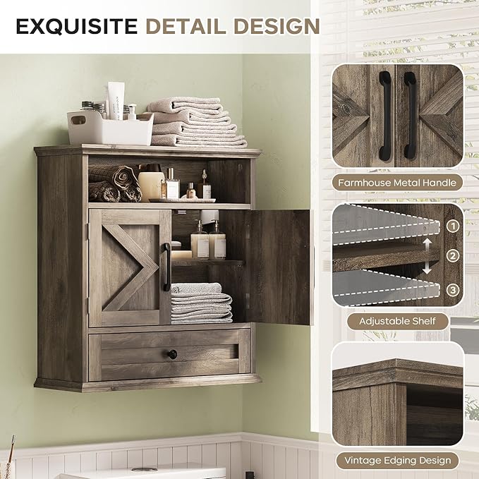 Bathroom Wall Cabinet, Wall Mounted Medicine Cabinet with Drawer, Barn Door & Adjustable Shelf, 24.4"H x 23.6"W x 9"D Grey Over Toilet Farmhouse Storage Cabinet for Kitchen, Laundry, Entryway