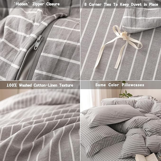 Stripe Duvet Cover Full Size 90inch x 80inch, 100% Washed Cotton Linen Feel Duvet Cover with Zipper Closure and 2 Pillowcases, Color of Grey-White Stripe