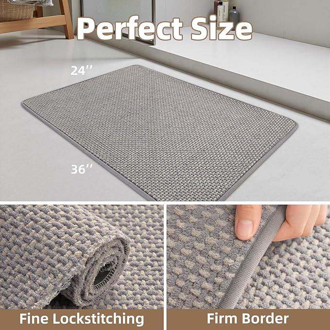 PADOOR-Bath Mat-Super Absorbent Chenille Bathroom Mats-Rubber Backed Bath Mats for Bathroom Non Slip, Easy Clean Bathroom Rugs Front of Bathtub,Shower Room,Sink-24×36, Grey&Beige