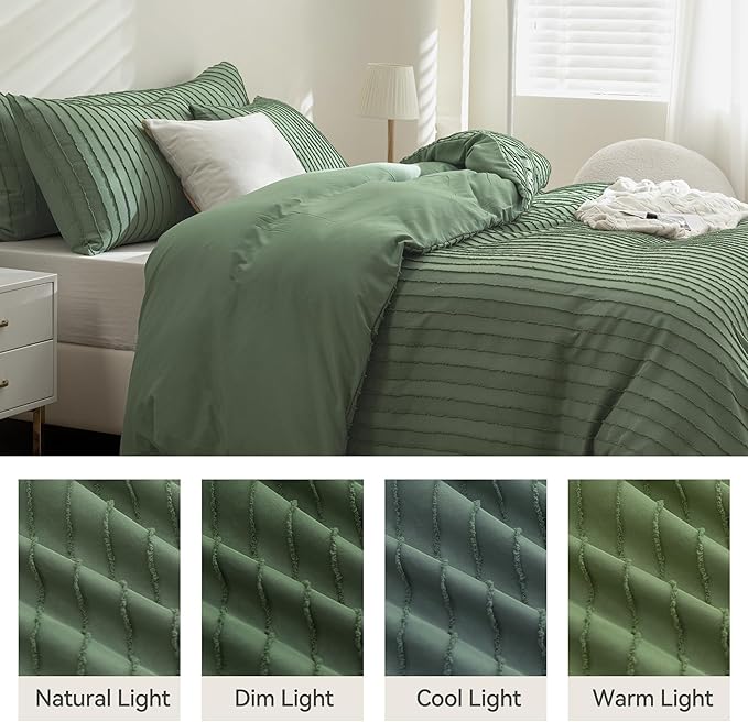 JELLYMONI Duvet Cover Oversized Queen Size Green - 3PCS Boho Striped Duvet Cover Set Polyester Tufted Bohemian Textured Comforter Cover 98×98in with Corner Ties & Zipper and 2 Pillowcases