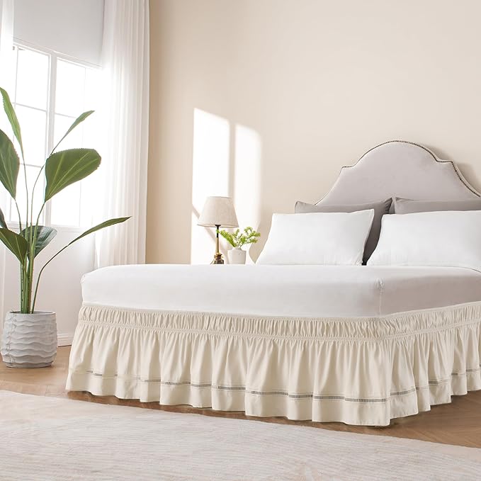 MIYE Wrap Around Ruffled Lace Bed Skirt, Elastic Dust Ruffle with Adjustable Belts, Easy to Put On, Bed Frame Cover, Machine Washable (Ruffled Lace/Light Beige, King/Queen-15 Drop)