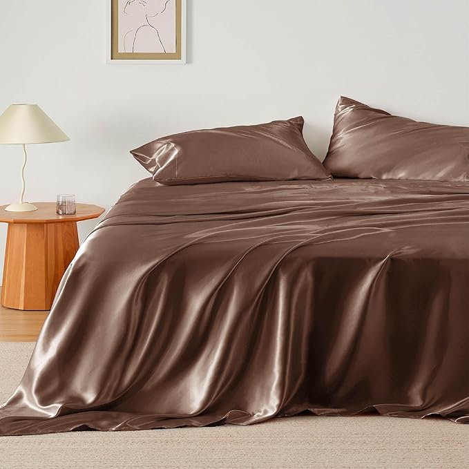 Bedsure Satin Sheets King Size - 4 Piece Silky Bedsheets with 15 Inches Deep Pocket Fitted Bedsheet,1 Flat Sheet, 2 Satin Pillowcases, Good for Hair & Skin (King, Coffee)