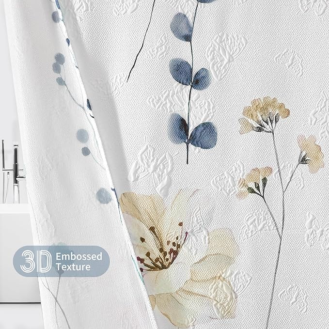 QiyI Extra Long Shower Curtain 72 x 84, Watercolor Floral Bath Curtain, 3D Embossed Butterflies Grey Flower Cloth Bathroom Curtains, Waterproof Fabric Farmhouse Textured Shower Curtain Set with Hooks