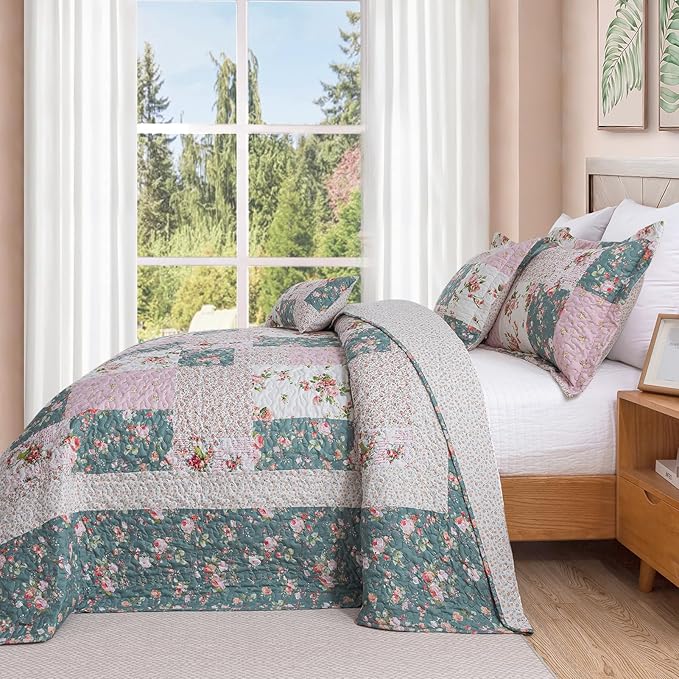 BEDIFANY French Style King Size Quilt Set for Farmhouse - 3 Pieces Cotton Filling Garden Lightweight Bedspreads King with Floral Pattern - All Season Quilt Bedding Sets for Decorations