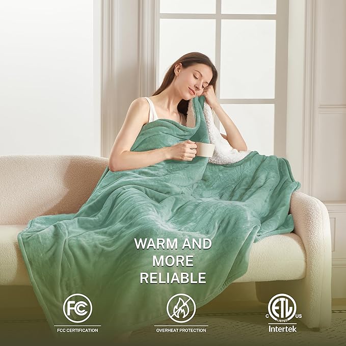 Heat Blanket 62”x84” Twin Size,Soft Flannel & Sherpa Reversible Electric Blanket with 10 Heat Settings,12 Timer Setting and 8 Hours Auto-Shut Off,ETL Certified Machine Washable,Green
