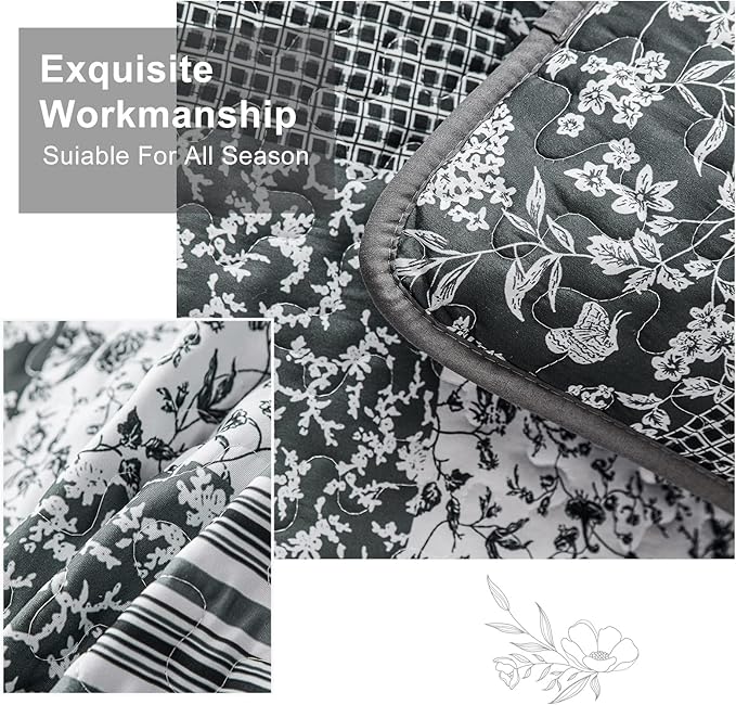 Mybedsoul Black Grey Boho Quilt Set Queen Size,3 Pieces Plaid Floral Bedspread Coverlet Set for All Season,Patchwork Reversible Bedding Set Queen 90"x96"