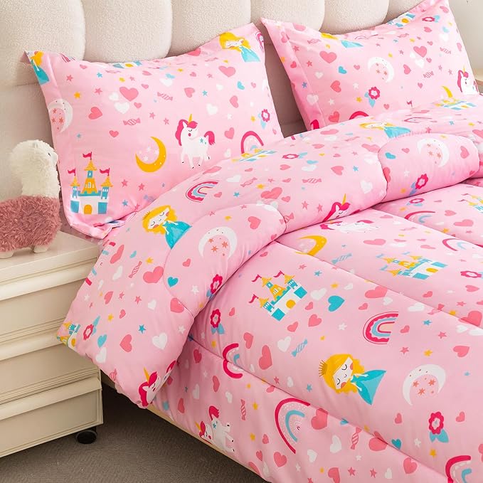 Viviland Kids Twin Bedding Sets for Girls, Soft Twin Comforter Set with Sheets, 5 Pieces Microfiber Bed in a Bag, Pink Castle Unicorn