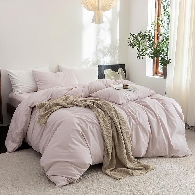 FOSSA Duvet Cover Set 100% Washed Cotton Linen Feel Super Soft Breathable Cozy 3 Pieces Bedding Sets Solid Greyish Pink Super King