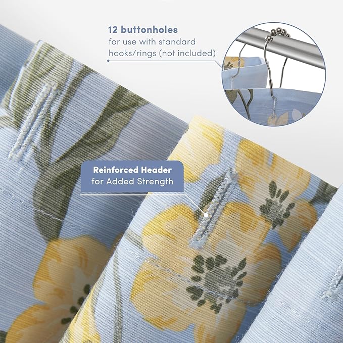 Martha Stewart Meadow Floral Shower Curtain, Cotton-Rich Slub Texture, Timeless Garden Design, Classic to Modern Farmhouse Bathroom Decor, Machine Washable 72"x84", Blue