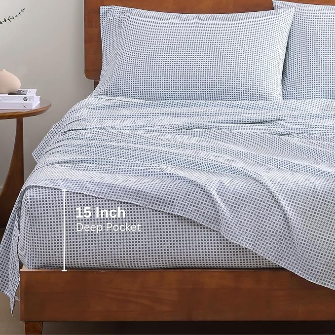 LANE LINEN 100% Organic Cotton Full Sheets Set Soft & Comfy Percale Long Staple Soft Bedding Breathable Fully Elasticized Mercerized Printed Cotton Full Size Set - Polka Dot