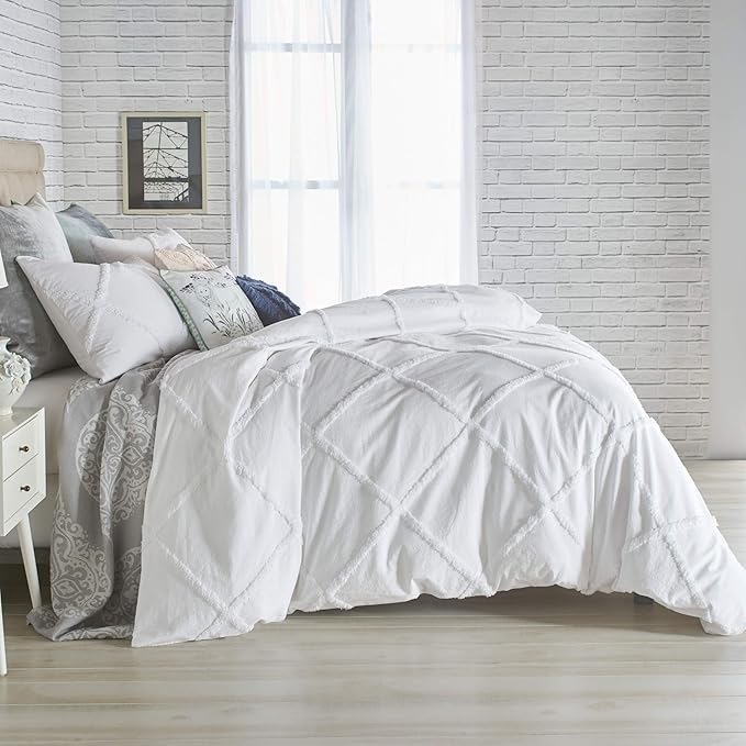 Chenille Lattice 100% Cotton Duvet Cover, Full/Queen, White