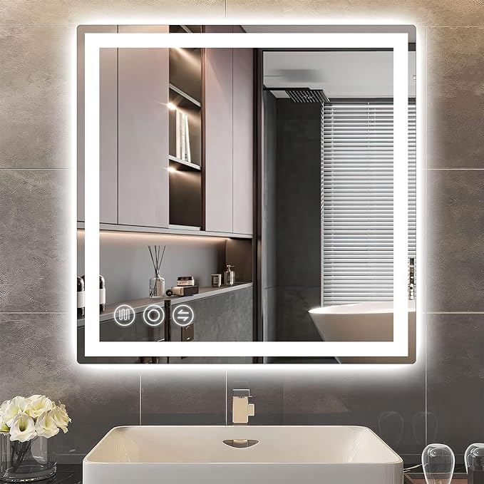 LED Bathroom Mirror 24"x 24" with Frontlit and Backlit, Anti-Fog Bathroom Vanity Mirror,Stepless 3 Colors Temperature & Dimmable Wall Mounted Mirror,Memory Tempered Glass Mirror for Bathroom