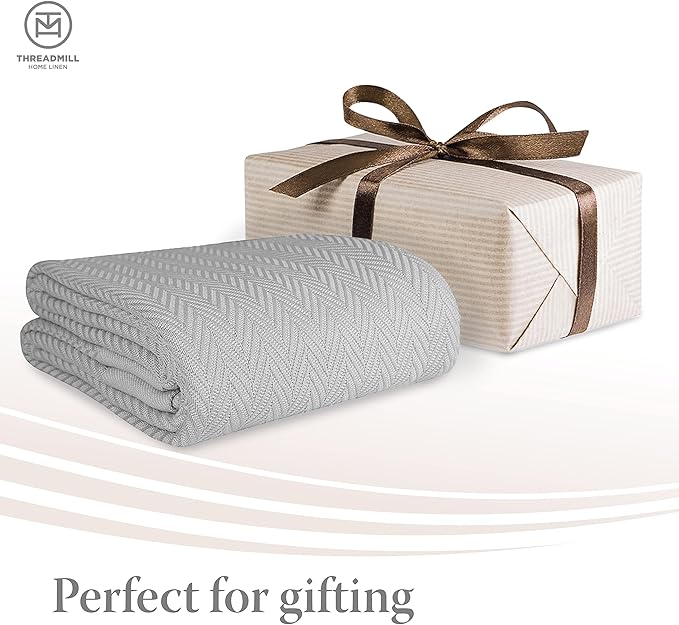 Threadmill Luxury Cotton Blankets for Queen Size Bed | All-Season 100% Cotton Queen Size Blanket | Herringbone Cozy, Soft Breathable Fall Thermal Blanket fits Full Size Bed | Light Grey