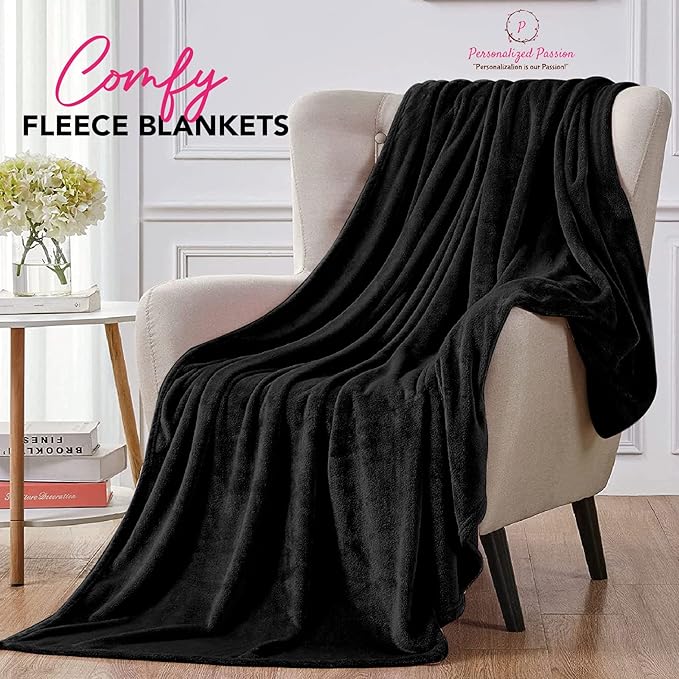 Personalized Passion Blankets with Custom Name & Initial Monogram - Super Soft and Cozy Fleece - Unisex Custom Blanket for Him and Her - 80x60 Inches - Black