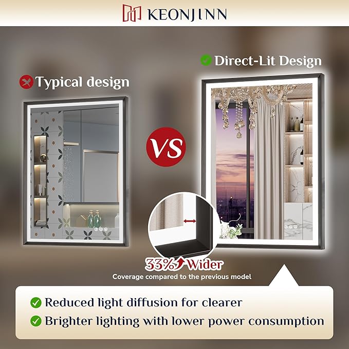 Keonjinn 48” x 30” LED Bathroom Mirror with Frontlit & Backlit, Large Metal Framed Lighted Mirror with Stepless Dimmable 3-Color Temperatures, Anti Fog, UL-Listed Driver, No Dark Corner
