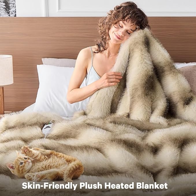 Heated Electric Blanket Twin, Octrot 60"X80" Faux Fur Heating Blanket Luxury Christmas Gifts Heavy Plush with 10 Heats Levels & 8 Hours Auto Off,Super Cozy Warm Fuzzy,Fluffy Decor Winter Warming,Brown
