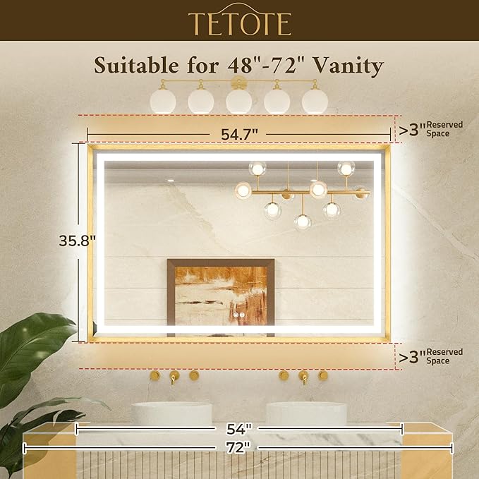 TETOTE 55 x 36 Bathroom LED Mirror Brushed Black Metal Frame Frontlit & Backlit Vanity Mirror Stepless Dimmable Anti-Fog 3 Colors White/Warm/Natural Light up Vanity Wall-Mounted