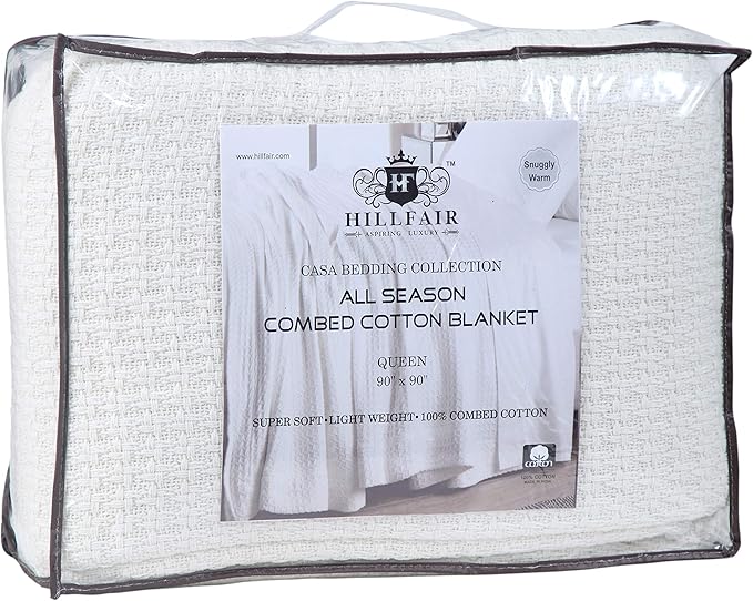 HILLFAIR 100% Combed Cotton Blanket– King Bed Blanket– Soft Cozy Warm Multipurpose Throws for Luxury Home Decor– 90 x 108 inch King Size Cotton Blankets for Beds- Bed Blankets for All Season- Ivory