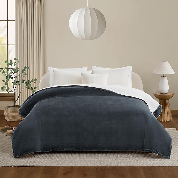 UGG Ariana Full/Queen Blanket Fleece Fluffy Reversible Soft Fuzzy Bedding Cozy Plush Warm Oversized Blanket Machine Washable Bedroom Decor for Big Couch or Bed, 90-inch x 90-inch, Charcoal Grey