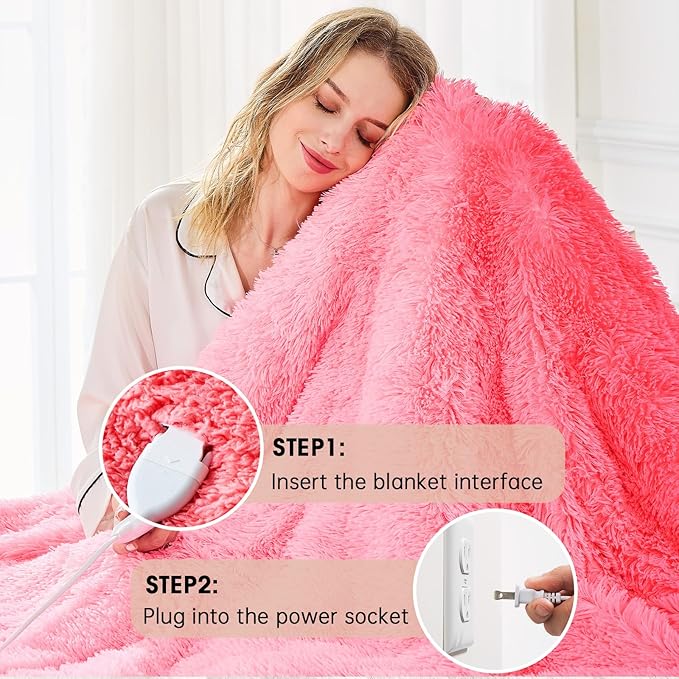Heated Electric Blanket Heating Throw,Warm Winter Christmas Birthday Gifts for Her Women Grandma Seniors-Faux Fur Blanket with Soft Sherpa,10 Heat Settings,5 Time Settings,50x60, Baby Pink