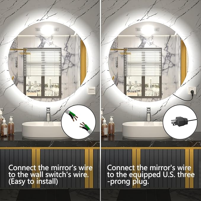 LED Bathroom Mirror 24 Inch, 3 Color Temperatures (3000K/4500K/6000K), Dimmable Backlight, Anti-Fog, 5MM HD Glass, CRI 90+, Round Vanity Mirror with Light
