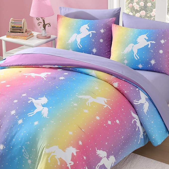 Full Size Comforter Set for Girls-7 Pieces Rainbow Unicorn Full Bedding Sets for Kids, Ultra Soft Bed in A Bag with Sheets