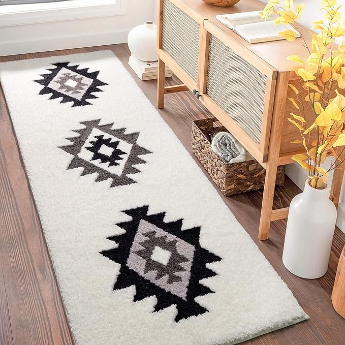 DEXDE Bathroom Runner Rugs 20x72 Boho, Long Bath Mat for Bathroom Bedroom Hallway Kitchen Luxury Soft Absorbent Large Modern Geometric Carpet Bath Rugs Western Farmhouse Decor, Black White