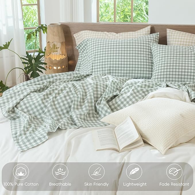 MooMee Gingham Sheet Set 100% Washed Cotton Linen Like Textured Breathable Soft w/ Fully Elasticized 16-19" Deep Pocket (Classic Gingham Sage Green, King)