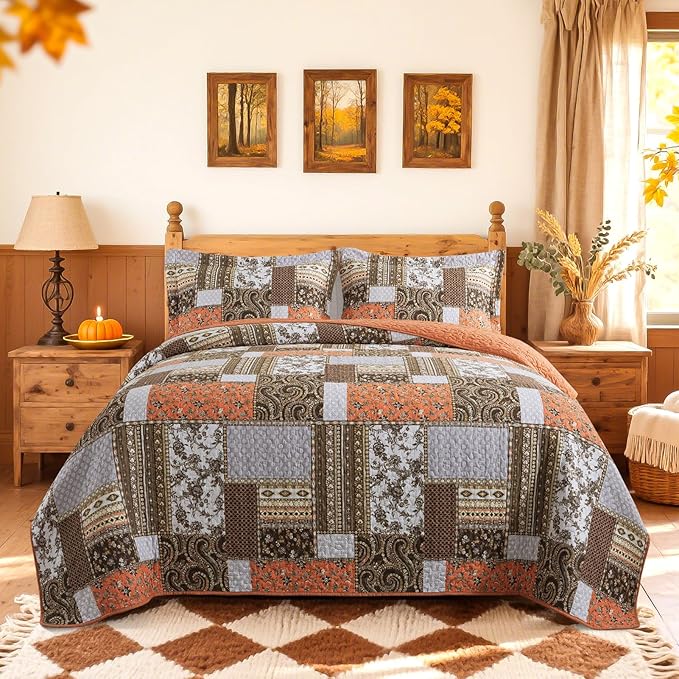 BEDIFANY Farmhouse Cotton Quilts Queen Size for Fall - Lightweight Patchwork Autumn Bedspread Set for Bed Coverlet - Highly-Woven Soft Reversible Bed Spread for All Seasons (Floral Orange) 3 Pieces