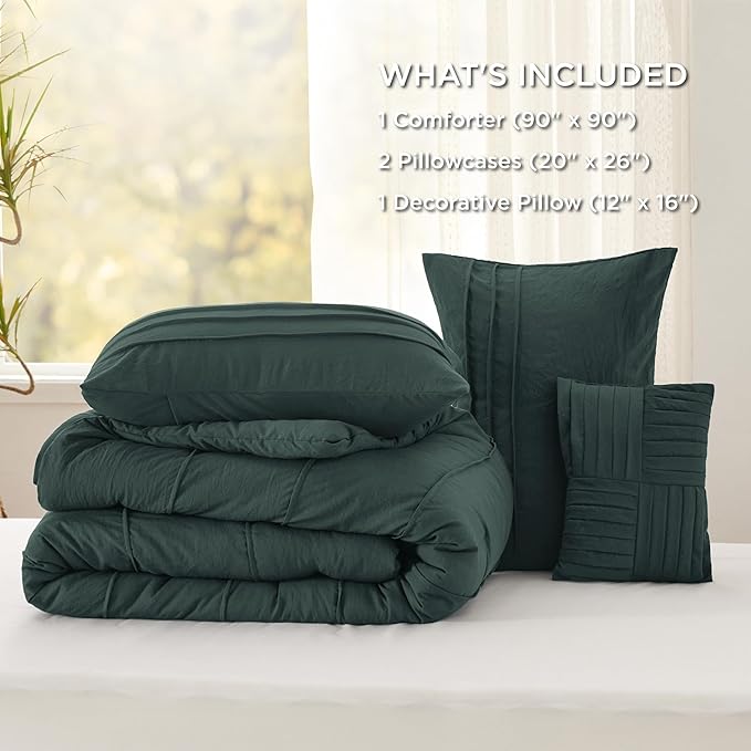 Bedsure Emerald Green Queen Comforter Set - 4 Pieces Pinch Pleat Bed Set, Down Alternative Bedding Sets for All Season, 1 Comforter, 2 Pillowcases, 1 Decorative Pillow