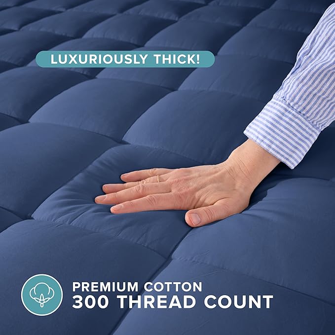 Bare Home Twin Mattress Topper Cotton Top - Plush Topper for Mattress - Fitted Mattress Cover - Cooling Breathable Air Flow - 8" to 21" Deep Pocket - Soft Mattress Pad (Twin, Dark Blue)
