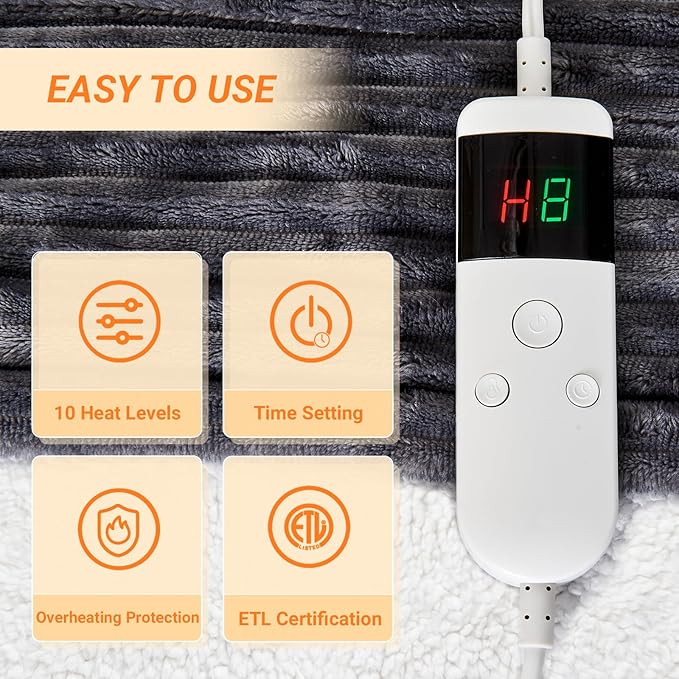 Heated Blanket Electric Twin, Soft Flannel Heating Blanket with 8 Hours Auto Off 10 Fast Heating Levels Machine Washable Sherpa Heated Blanket with Overheating Protection