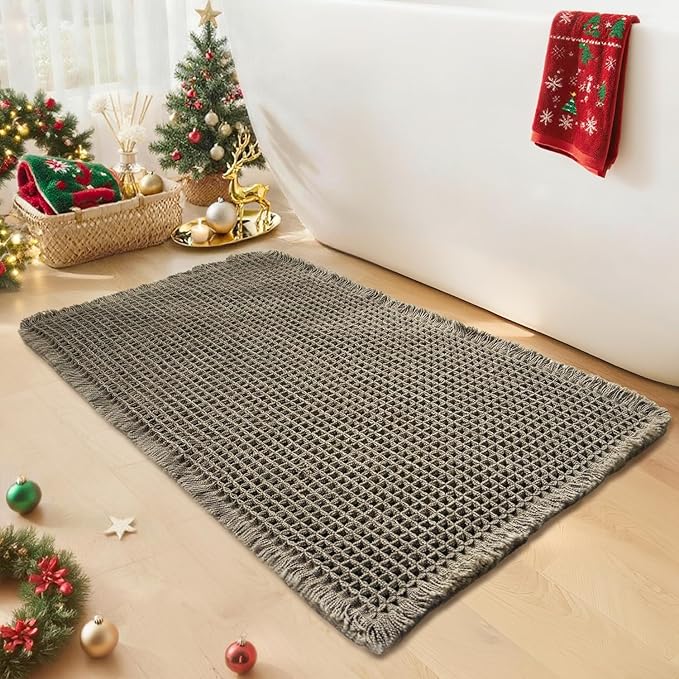 Waffle Bath Mat - Boho Bathroom Rugs Non Slip Washable, Super Absorbent & Quick Dry, Soft Bath Mat Farmhouse Bathroom Decor, 24'' x 36'', Olive Green