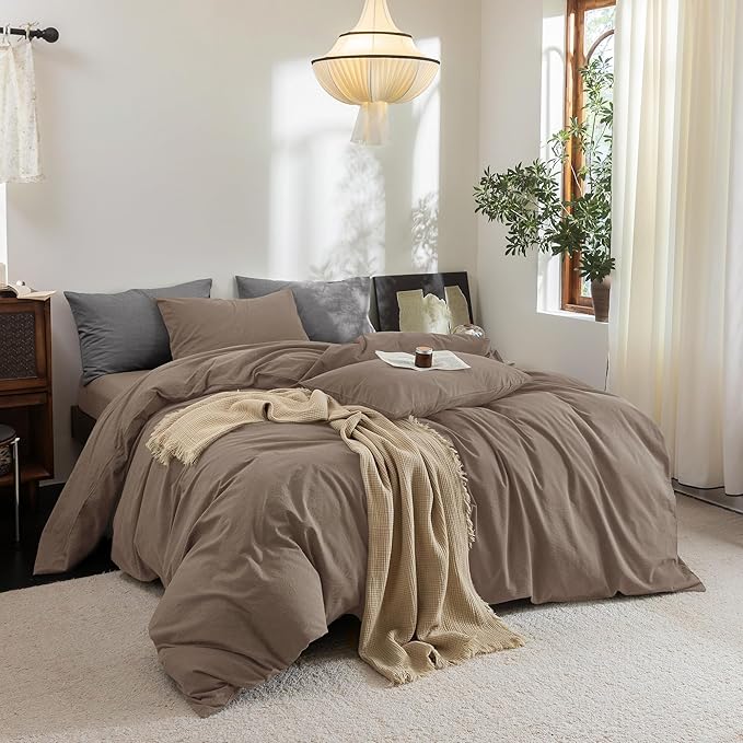 FOSSA Duvet Cover Set 100% Washed Cotton Linen Feel Super Soft Breathable Cozy 3 Pieces Bedding Sets Solid Pale Brown Twin