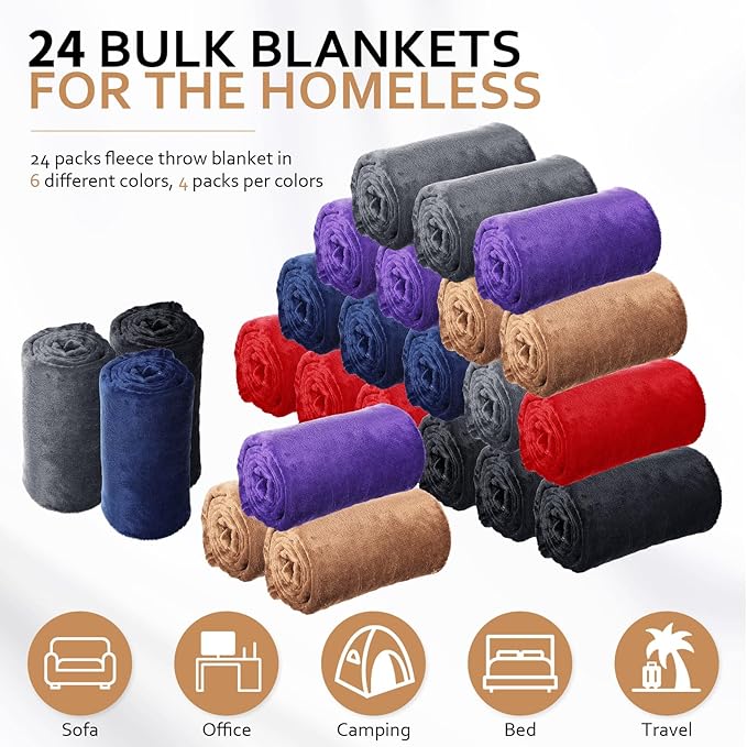 Toulite 24 Pcs Bulk Flannel Fleece Blankets for Homeless Donations Cozy Fleece Throw Blankets Winter Fleece Blanket Bulk for Donations Bed Couch Sofa Home Camping Wedding Gifts (Elegant,40 x 60 Inch)