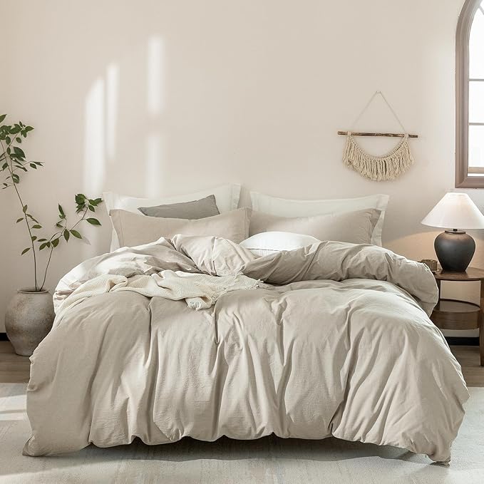 Linen Grey Duvet Cover King Size 104inch x 90inch,100% Washed Cotton Duvet Cover with Zipper Closure and 2 Pillowcases, Color of New Nature Linen